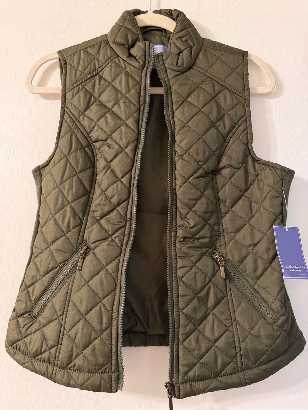 Laura Scott Quilted Olive Vest with Stand Collar